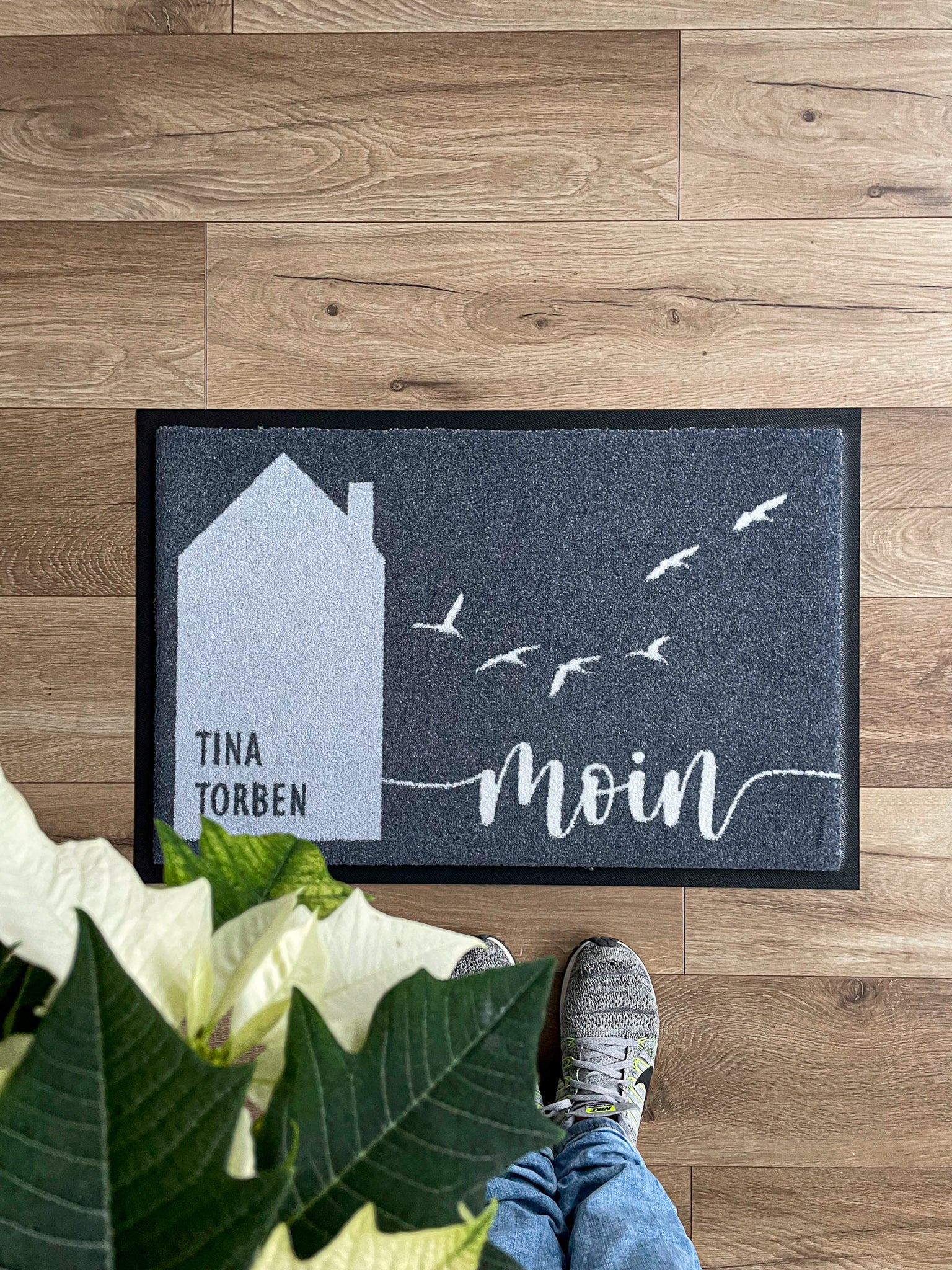 Fußmatte waschbar mit Moin, Möwen und einem Haus mit Namen