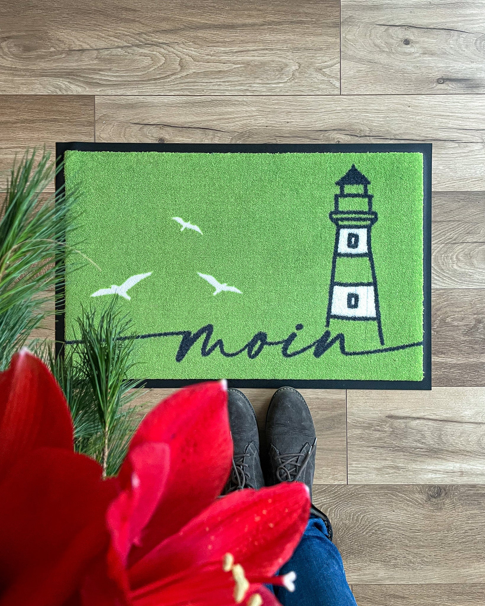 Fußmatte Moin grün mit Leuchtturm und Möwen