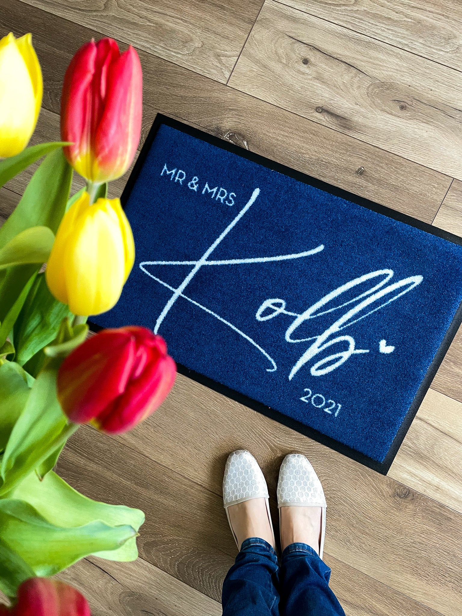 Personalisierte Fußmatte in marineblau Mr & Mrs